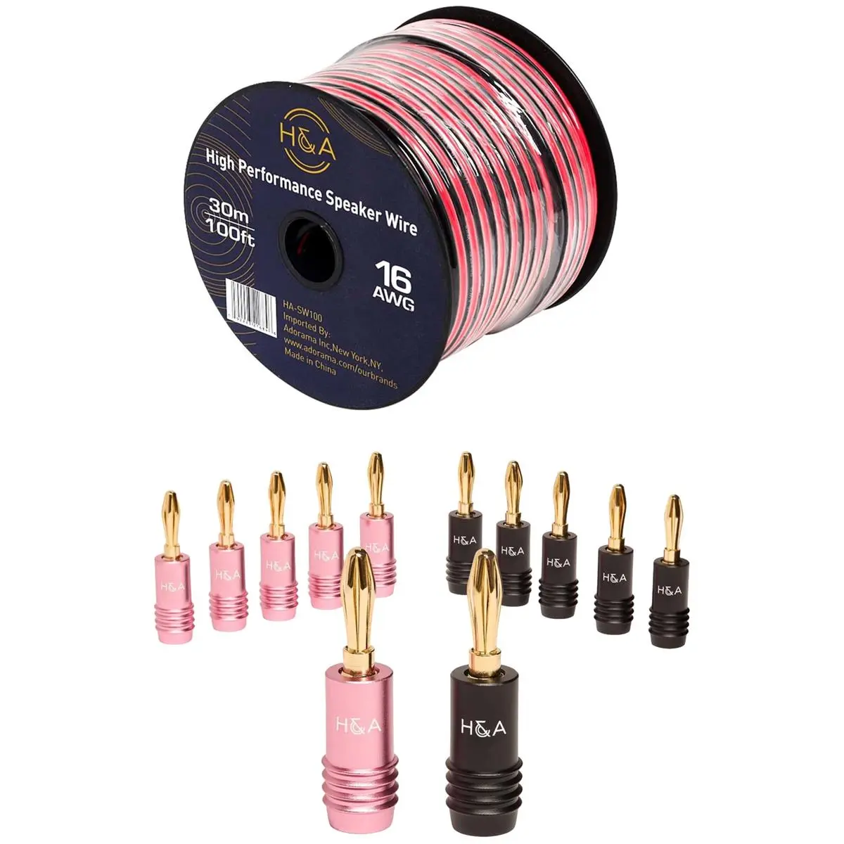 H&A 16 AWG Speaker Wire Cable (100' Spool) Bundle H&A Speaker Connector Banana Plugs, 6 Pairs