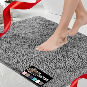 GRIP Bath Rug Mat 24" x 17" – U.S. Designed Thick Soft Chenille Bath Mat, Super Absorbent Quick-Dry Microfiber, Non-Slip Rubber Backing, Machine-Washable Shower Floor Rug & Bathroom Decor Accessory – Grey