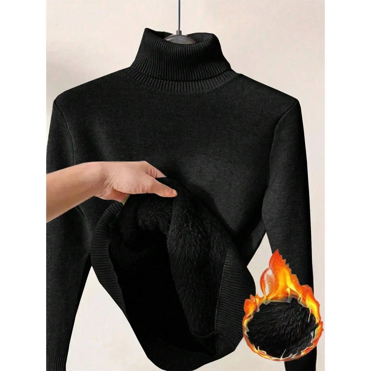 High Neck Thermal Lined Slim Fit Long Sleeve Sweater, Warm Thermal Innerwear For Autumn/Winter Knit Pullover Fall Outfit