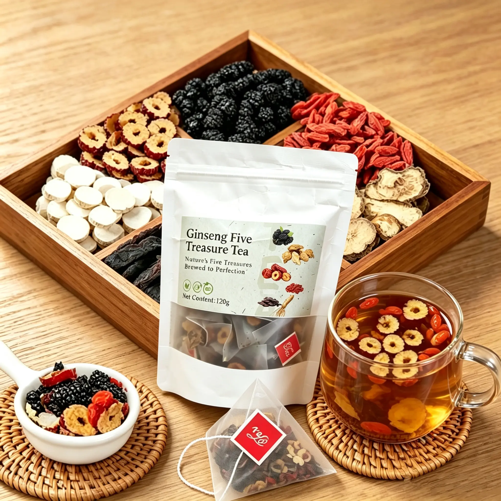 Kidney Tea Formula Ginseng Five Treasure Tea Combination Scented Tea Eight Treasure Tea Red Date Wolfberry Tea Men's Tea Health Tea Mulberry Herbal Formula Health Tea 20bags Organic Natural Herbs Tea Beverage
