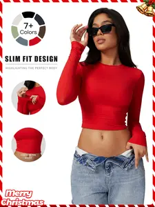 Women's Solid Round Neck Compression Sports Tee, Quick Drying Long Sleeve Crew Neck Crop T-shirt, Ladies Sportswear for Indoor Outdoor Wear, Valentine's Day Gift for Girl, Athletic Top