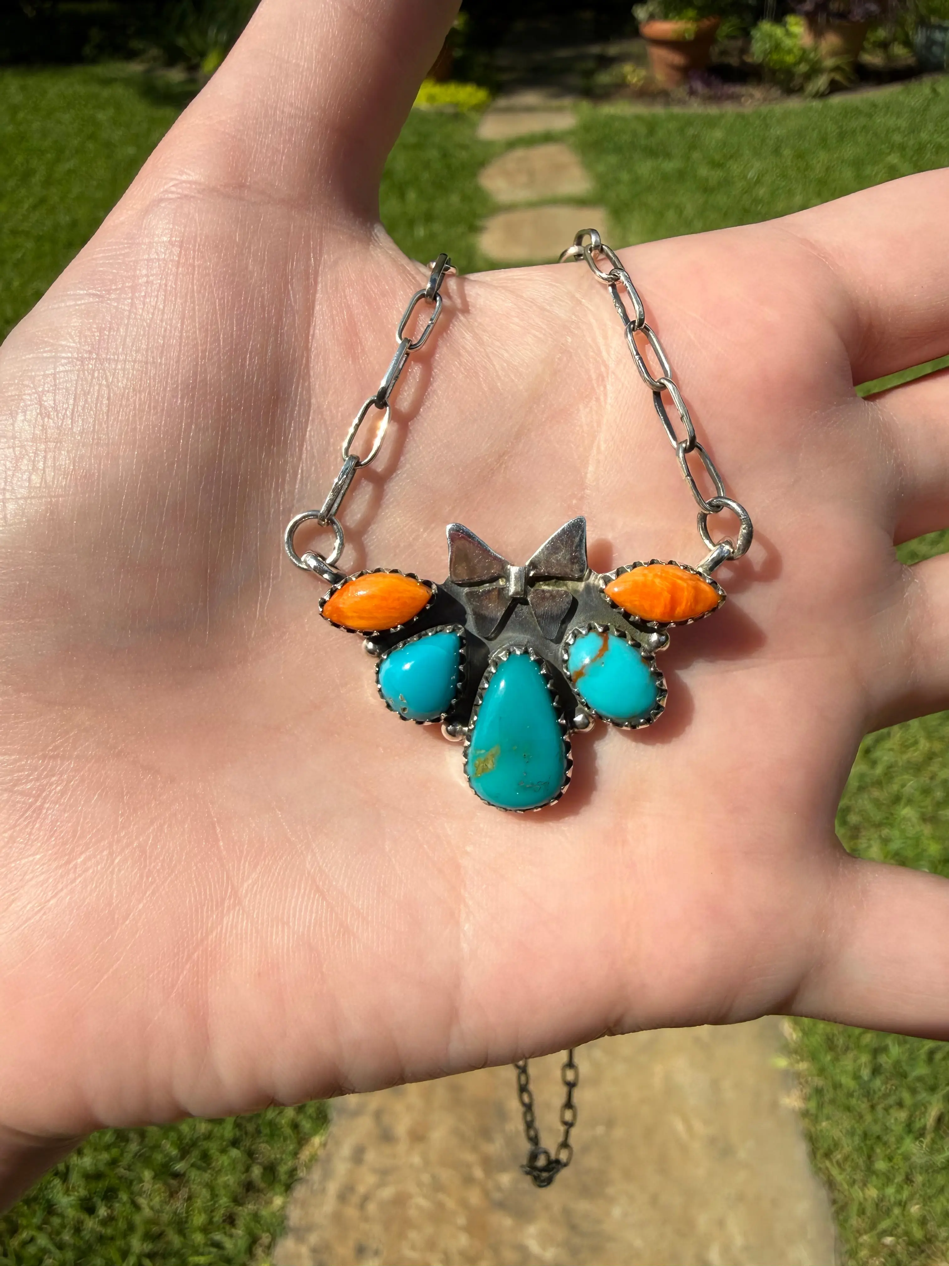 Turquoise and Orange Spiny Butterfly Half Flower Sterling Silver Necklace