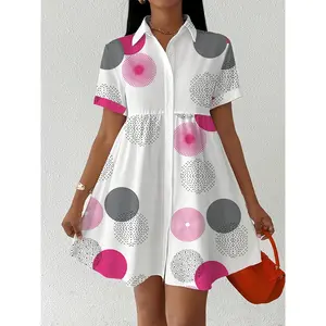 [Summer Mini Dress] Polyester Summer Mini Dress for Women |   Elegant Short Sleeves, Notched Lapel Collar, A-Line Silhouette, Machine Washable |   Multi-Color Circular Patterns, Casual Chic Style, Glossy Texture, Chic Shirtdress