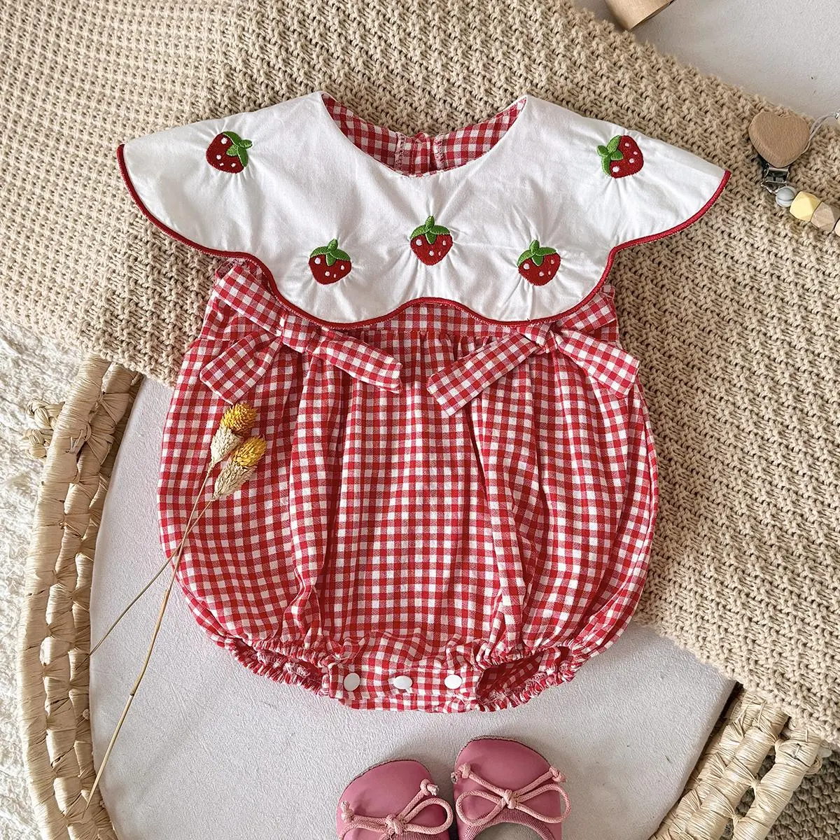 Baby Girls' Red Plaid Cotton Bodysuit featuring a Strawberry Embroidery Doll Lapel, an Above The Knee Fun Themed Bodysuit for Taking Pictures, Fun Themed Bodysuits, Baby Girls Clothing