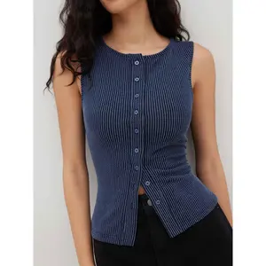 Cider [2 colors, size 2-10] Round Neckline Stripe Button Through Tank Top