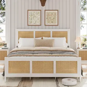 Garvee - Queen Size Rattan Bed Frame with Headboard, White Bohemian Cane Platform Bed Frame with Strong Metal Slats, Noise-Free, No Box Spring Needed