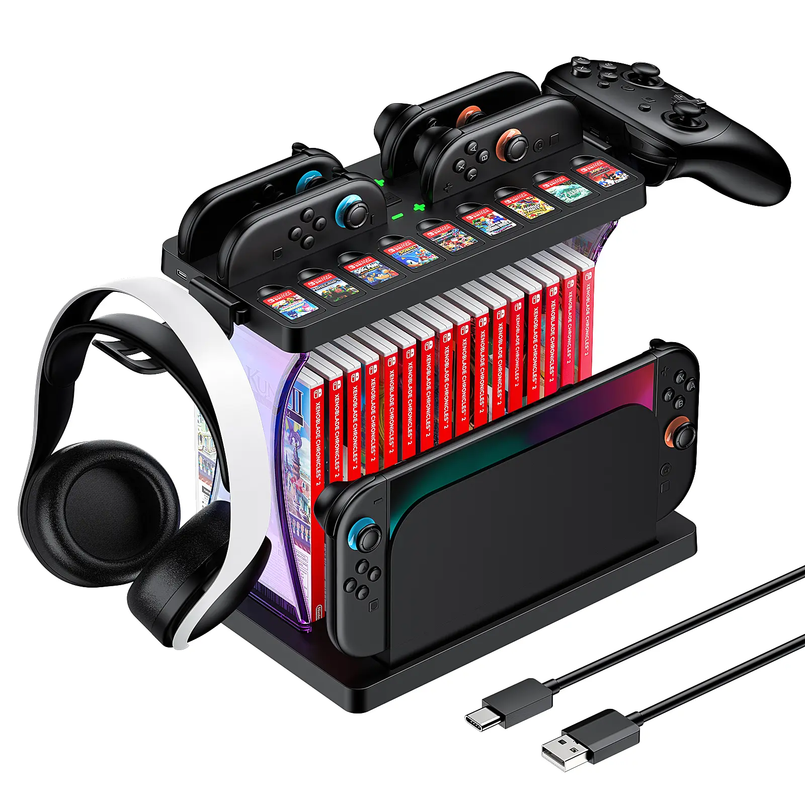 【Back to School】 JORREP Switch 2 Charging Base with Double-Layer Storage & RGB LED Lights Holds 9 Cartridges, 16 Discs, JoyCons & Headset ABS Organizer for Gaming Console, Game, Accessories, Console Accessories