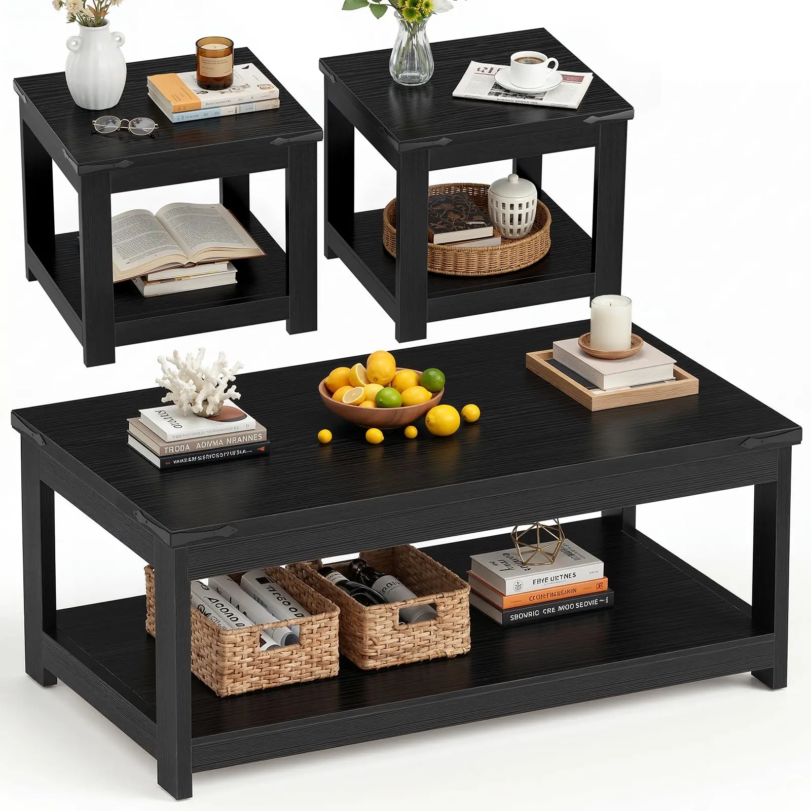 3-Piece Farmhouse Table Set – Coffee Table & 2 End Tables, Black
