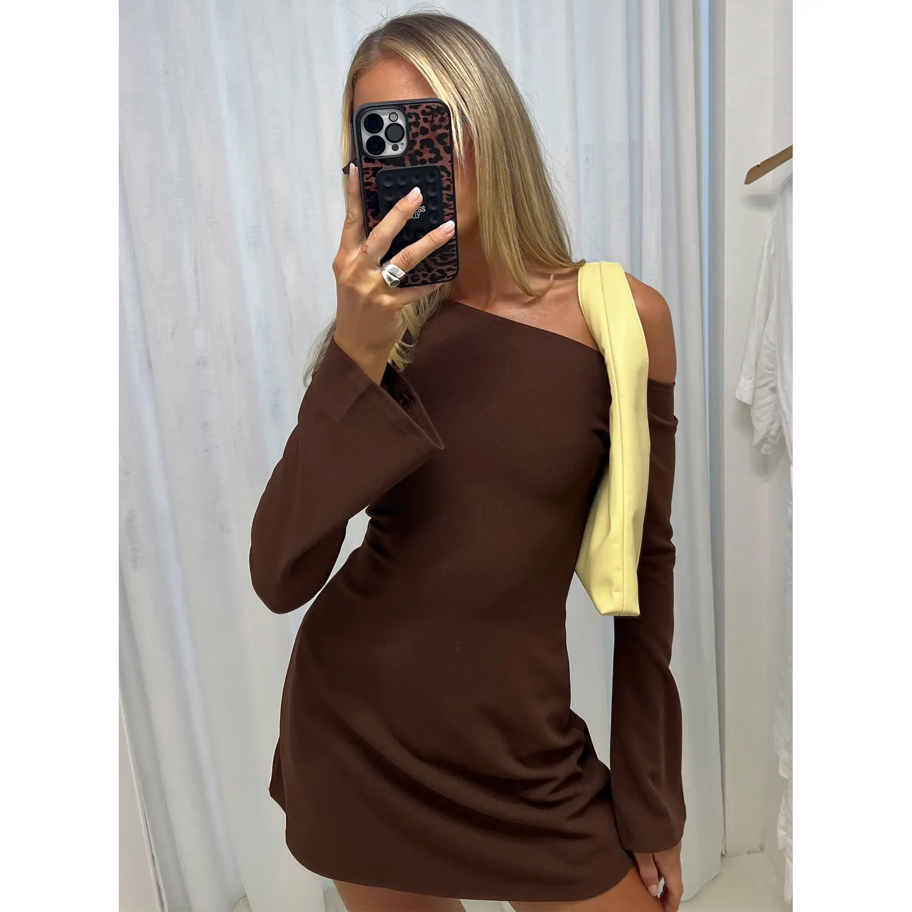 Adrietta Long Sleeve Off Shoulder Mini Dress Brown