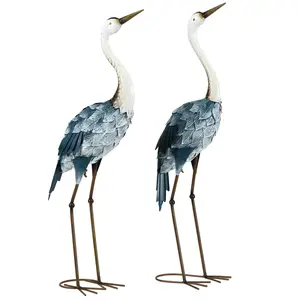 Crane Garden Statues 28.5" & 29" Standing Bird Sculptures Metal Yard Art Decor Landscape Set of 2 Blue Realistic Poses Hand-Painted Gradient Effect Outdoor Ready