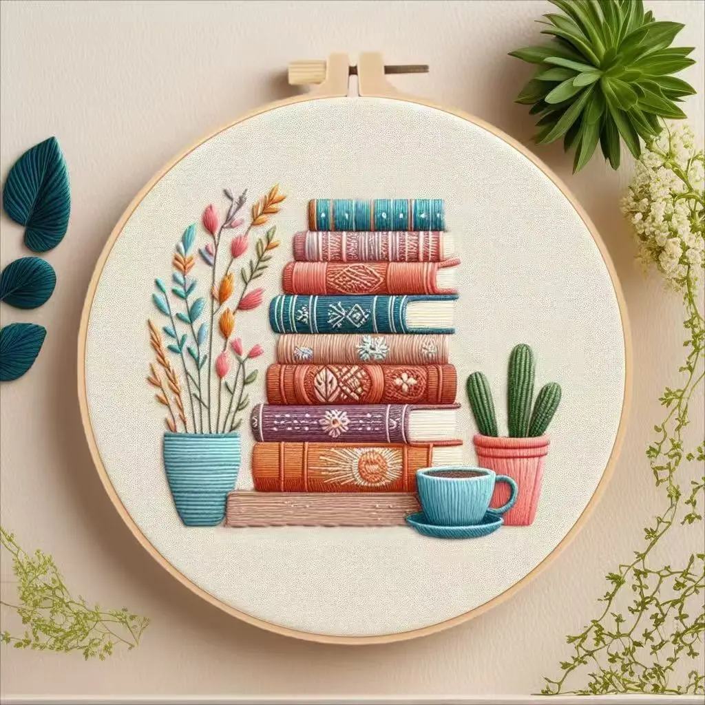 Beginner Embroidery Kit, Elegant Cross Stitch Set, Book & Vase Style, DIY Embroidery Supplies, Embroidery Design, Includes Printed Cotton Fabric, Thread, Needle, Chart, Hand Embroidery, Embroidery Craft Kit