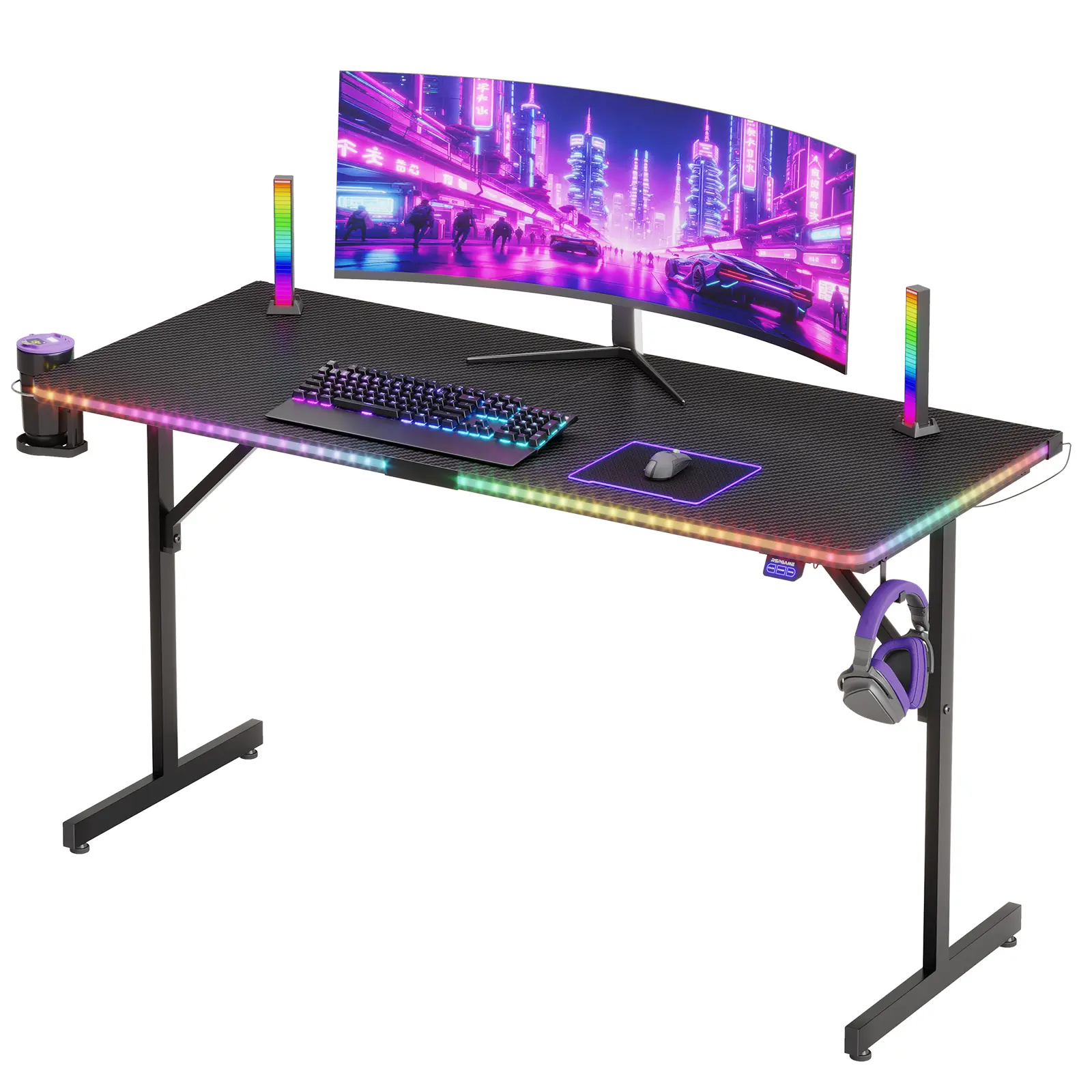 RSPGAME 55" Music Sync LED Gaming Desk Computer Gamer Table for Home Office Carbon Fiber Black