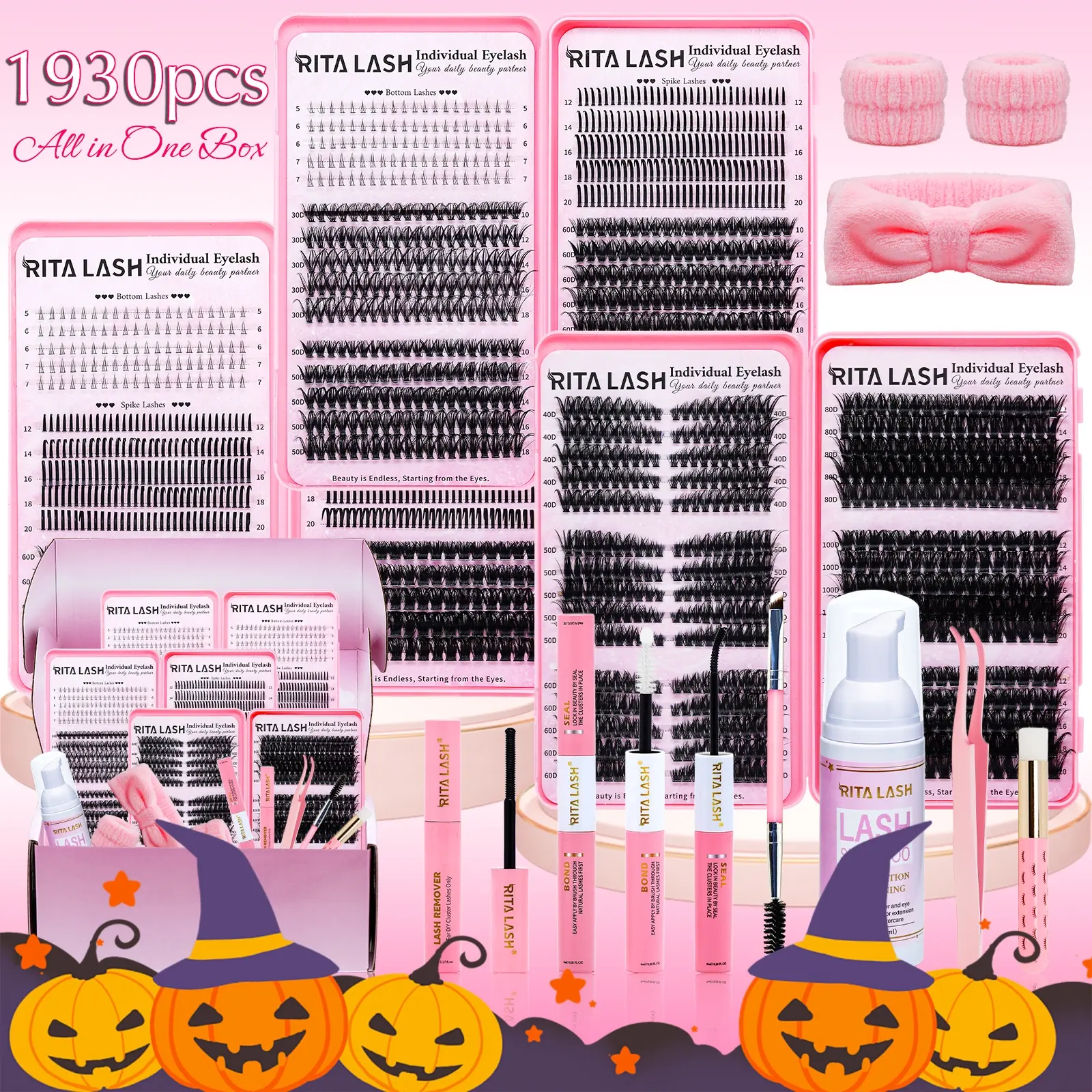 RITALASH 1930Pcs D Curl Eyelash 3 Trays Book Individual Lashes Kit, False Eyelashes Extension, Eyelash Extensions Set Bottom+Spike+60D+100D+30D+50D+80D Natural Eye Makeup Easy To Carry, with Makeup Tools Bond&Seal, Remover, Headband, Daily Use