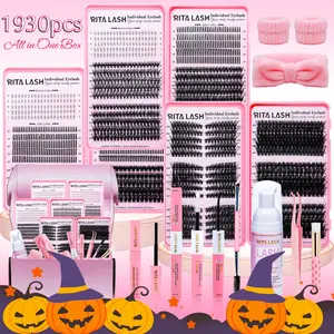 RITALASH 1930Pcs D Curl Eyelash 3 Trays Book Individual Lashes Kit, Eyelash Extensions Set Bottom+Spike+60D+100D+30D+50D+80D Natural Eye Makeup Easy To Carry, with Makeup Tools Bond&Seal, Remover, Headband, Daily Use