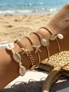 Starfish Shell Open Cuff Bracelet Set, High-End Metal Chain, Unique Cold Style Jewelry for Women, 5-Piece Fashion Accessory, Stackable Bracelets