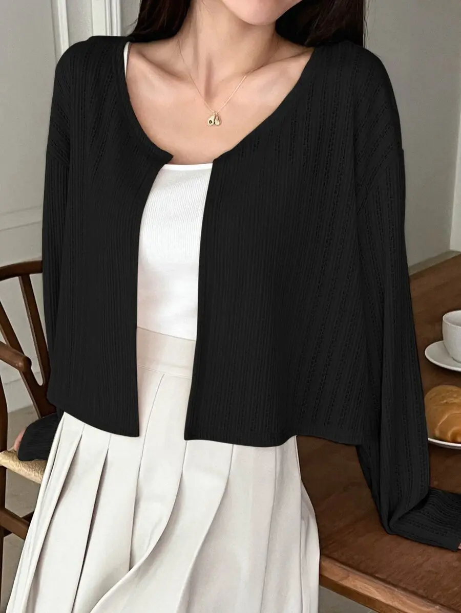 Solid Drop Shoulder Open Front Crop Jacket,Fall Clothes