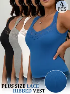 4-Pack Plus Size Women's Lace Camisoles — High-Stretch, Sleeveless Summer Strappy Tops — Casual Basic Layering Essentials — Best-Selling Versatile Tank Tops