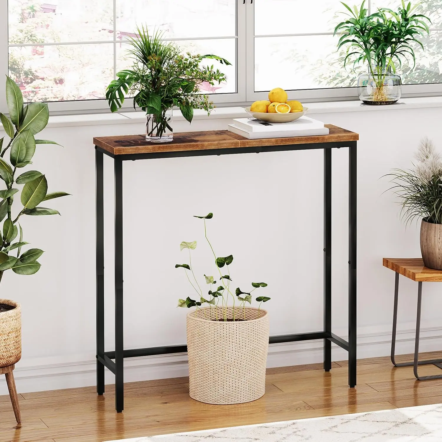 Console Table, 40-Inch Narrow Entryway Table with Rustic Wood Top and Metal Frame, Slim Sofa Table for Hallway, Living Room, Small Spaces, Industrial Accent Display Shelf, Brown