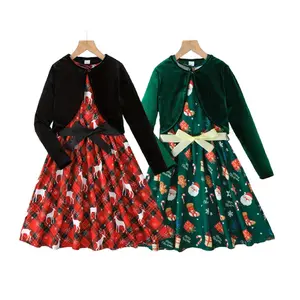 Ready Stock 8-12Y Kid Girls Christmas Outfits Plaid Reindeer/Santa Gifts Print Belted Tank Dress Velvet Cardigan 2Pcs Holiday Parties Clothes Set 42508012/42508013