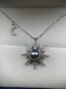 "Moon and Sun" Blue Tahitian Seawater Pearl Necklace 8-8.5 mm