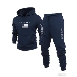 Hype Men's 2-Piece Hoodie & Jogger Set - Bold "ALPHA" USA Flag Print Tracksuit for Gym & Street