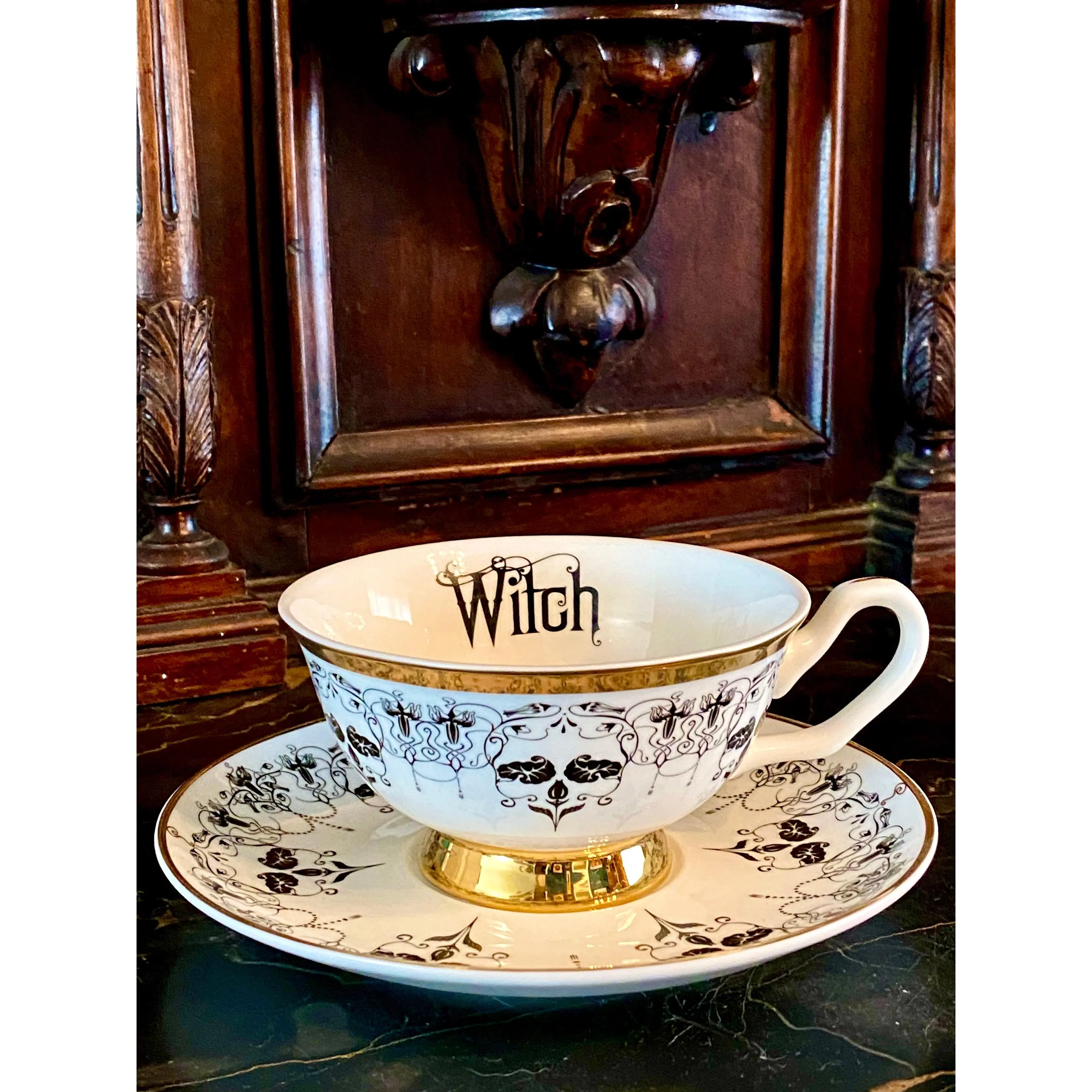 Black And White Nouveau Witch Teacup And Saucer -Botanical Skull motif