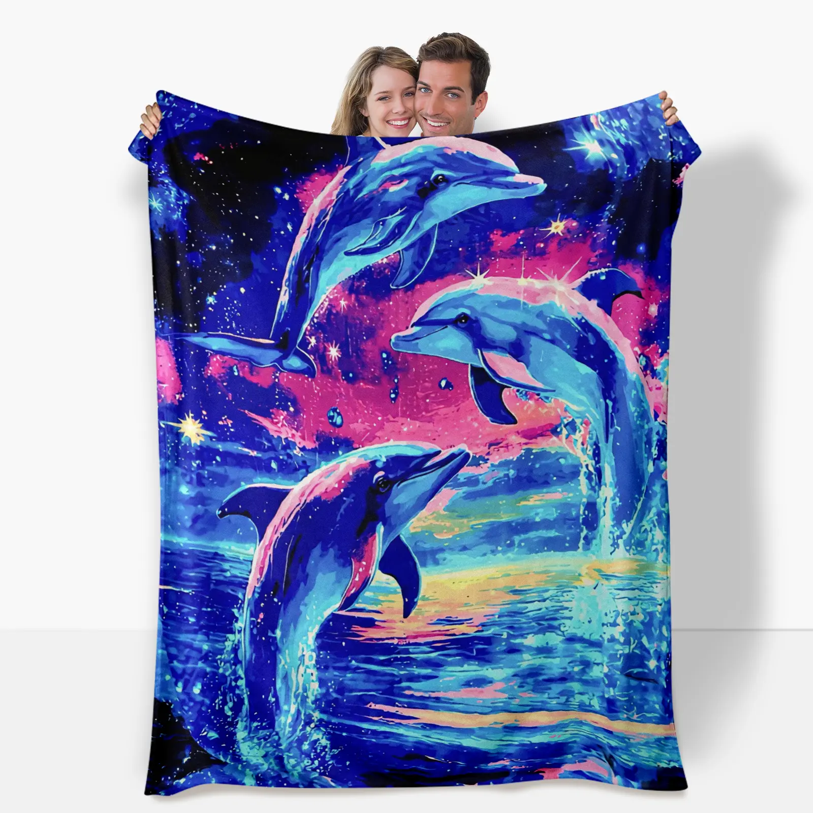 Delfin Flannel Throw Blanket - 60inch*80inch Queen-Size, Soft Warm, Lightweight, Breathable Digital Print Modern Bedding with Anti-Pilling Tufted Weave, Best Gift for Home Use