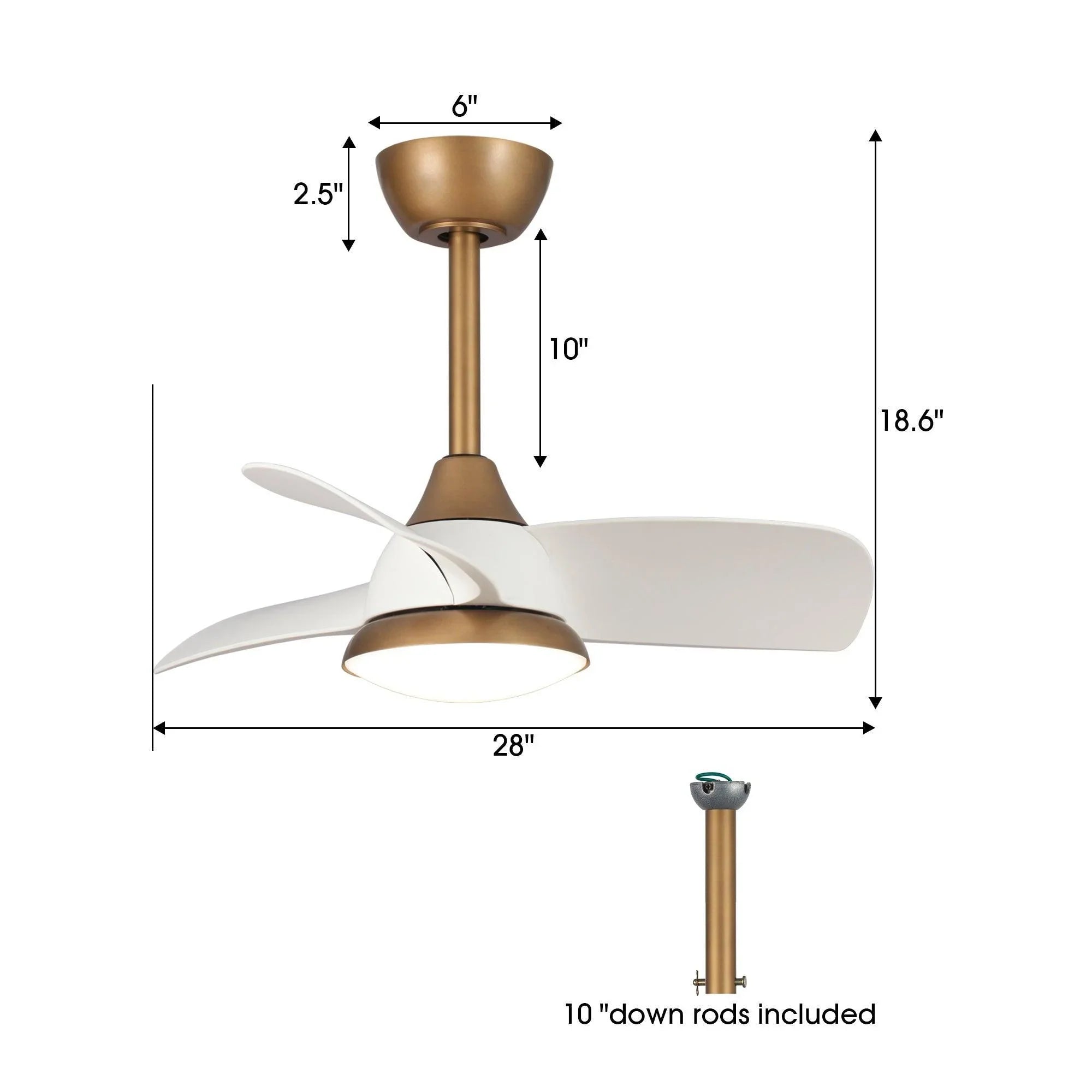 28" Modern DC Motor Ceiling Fan, Downrod Mount, Reversible Blades with Dimmable LED Light & Remote Control