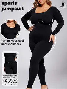 1 COUNT Women's Plus Size Slimming Long Sleeve Tummy Control Jumpsuit, Waist Cinching Yoga Pants, Casual Fall & Winter Sportswear,  Seamless Bodysuit,Stretch Skin-Friendly Fabric，Bottoms For Daily Wear, Yoga Jumpsuits