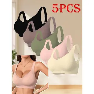 5-Pack Women’s Wireless Jelly Bras, Mature Style, Solid Color, Comfortable Breathable Knit Fabric, T-Shirt Bra with Removable Pads, Adjustable Straps, U-Back Design for Daily Wear