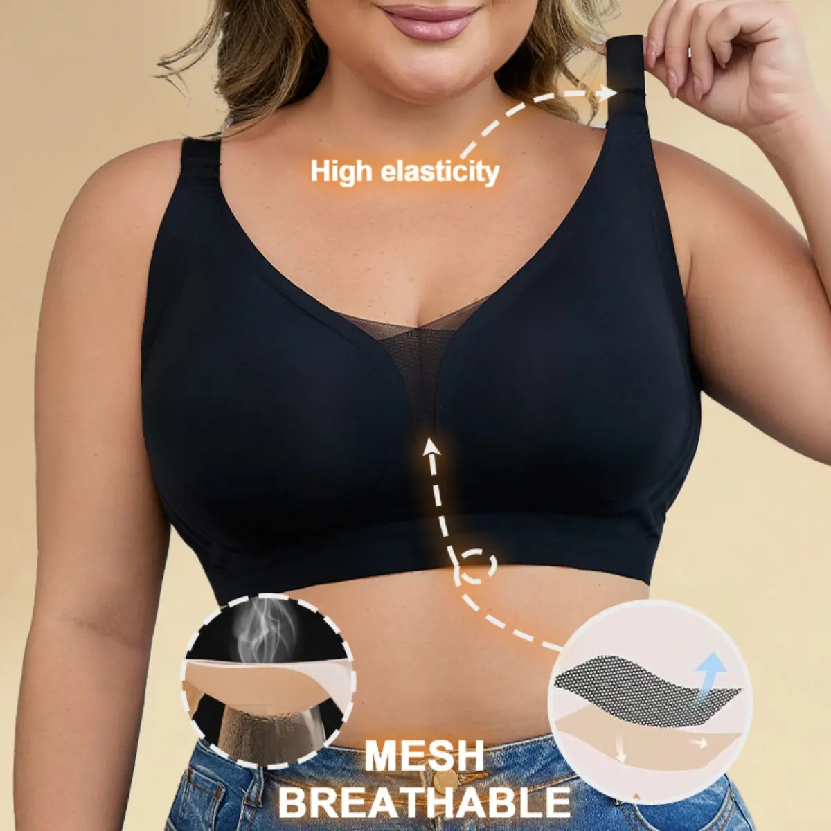 Women Wireless Tank Style Bra, 3/4 Cup Thin Molded Cup Plus Size Shaping Bra, Seamless Breathable Minimizer Bra with 4-Hook Back Closure