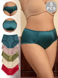【Plus Size】 Solid Color Satin Brief, Soft Breathable Knicker, Elegant Comfortable Breathable High Waist Panty for Daily Wear, Women's Underwear for All Seasons, Soft Comfy Panties