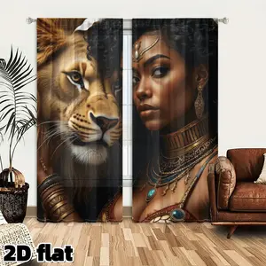 2D Flat 2Pcs African Queen and Lion Curtain Panels, Royal Egyptian Style Tapestry, Gold Jewelry Decor, Pole Pocket Design, Semi Sunshade Polyester Fiber, for Living Room Bedroom Home, Elegant Ethnic Window Treatment, Safari Theme