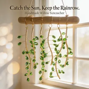 Green Willow Suncatcher/crystal plant suncatcher – Handmade Bohemian Window Decor with Real Wood & Crystal Glass Beads, Rainbow Light Catcher for Home, Garden, Car Mirror & Gift Idea weeping willow tree Faux Ivy wall art indoor outdoor planter diy
