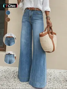 Women's Fashion Chic Denim Jeans, Trendy Casual Comfortable Wide Leg Elastic Stretchy Soft Quality Women's Long Pants, Elegant All Seasons Fitted Style Womenswear