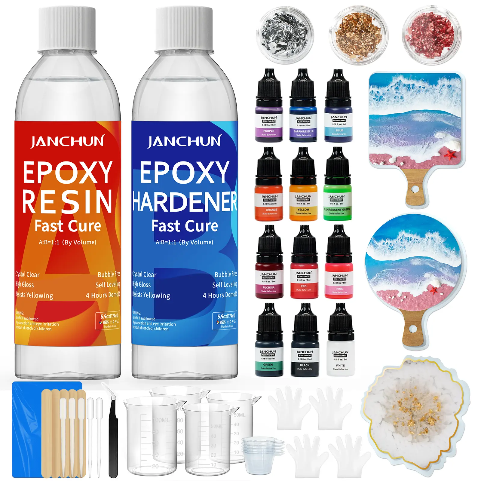 Epoxy Resin Kit Gift Box Coating and Casting Coaster Molds for Resin Casting -  High Gloss Finish Self Leveling with Gold Flakes Color Pigments Art Resin Premium Clear for Art Jewelry DIY Crafts River Table