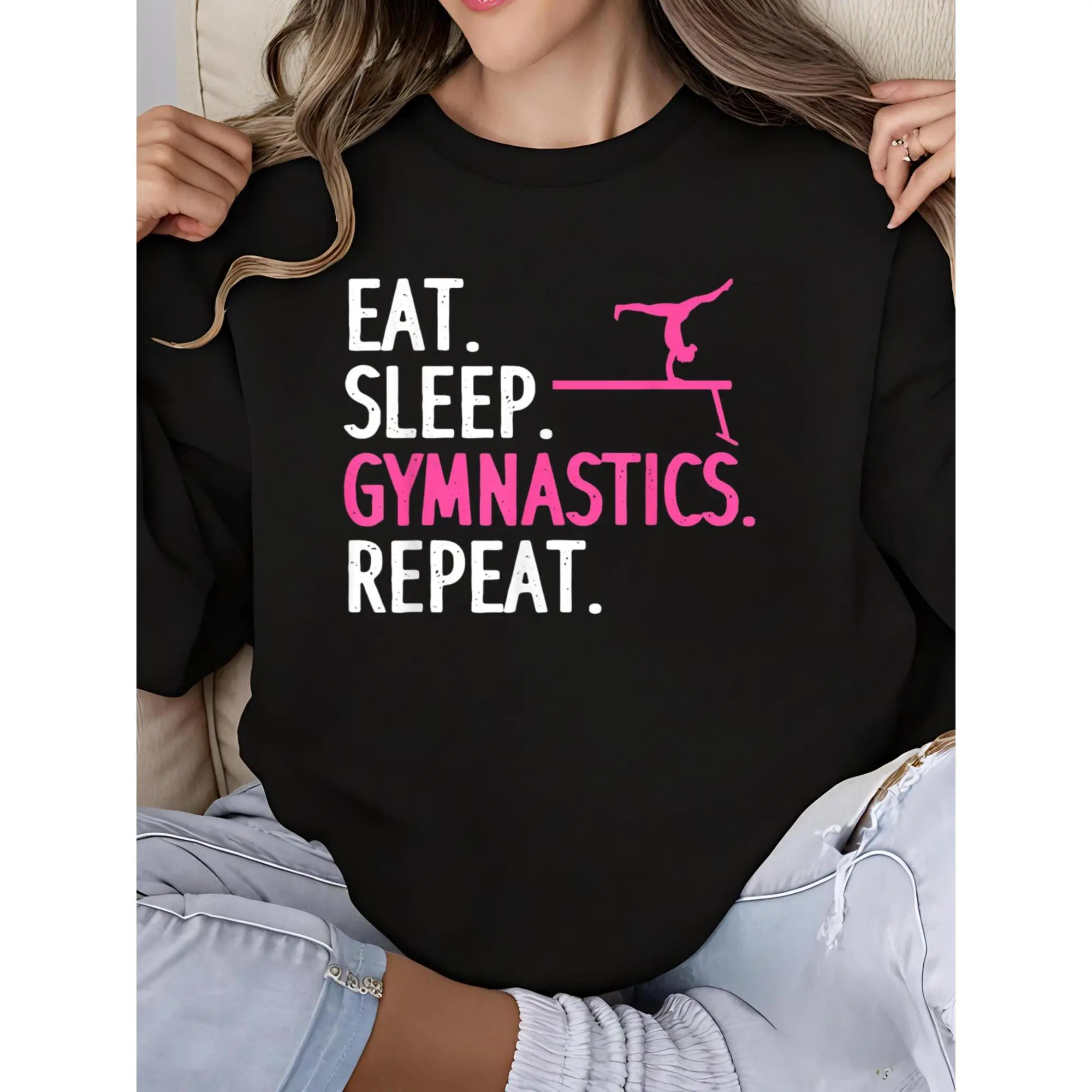Funny Gymnastics Women's Crew Neck Long Sleeve Sweatshirt with Handstand Tumbling Print for Girls Gymnast Lovers Workout Apparel