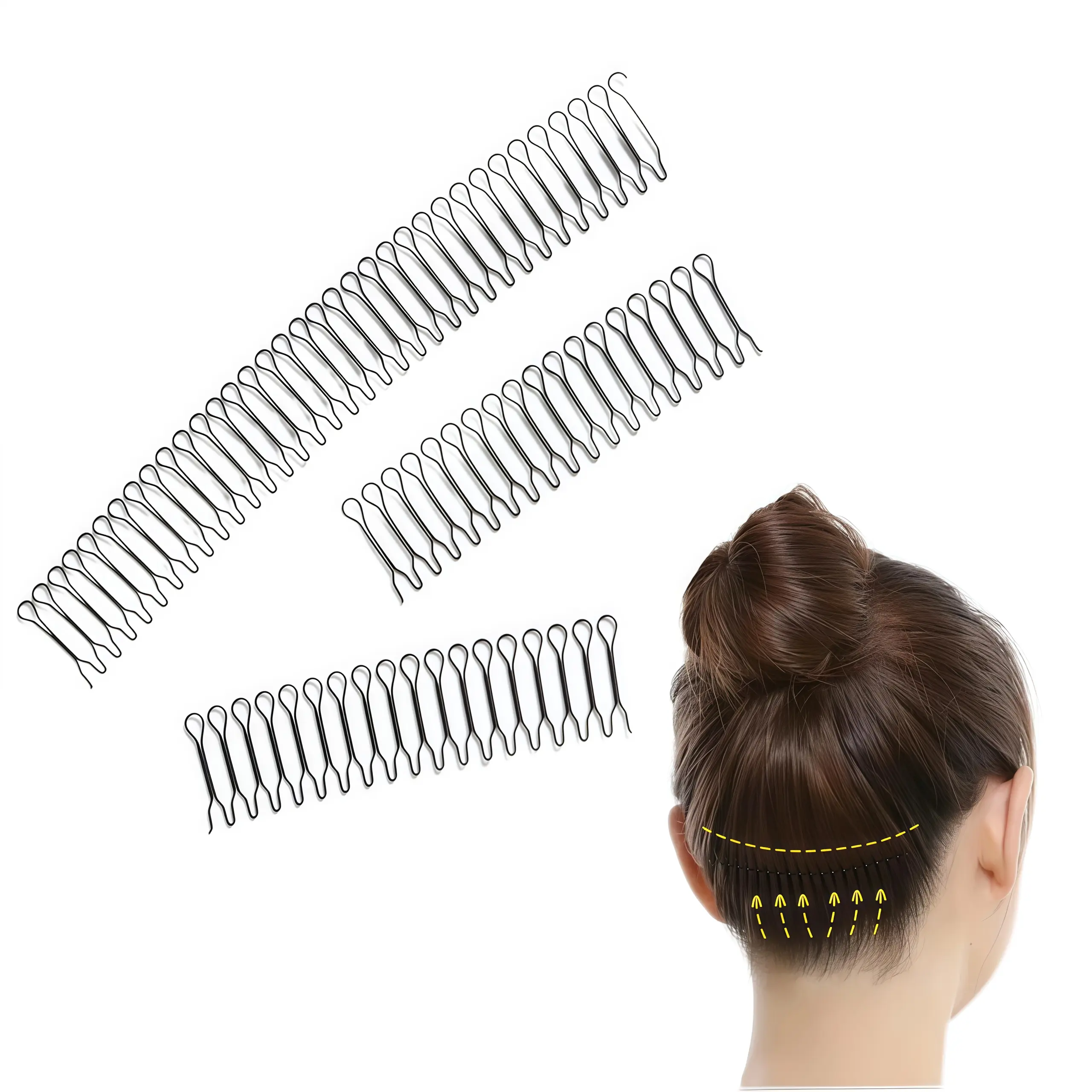 Women's Black 3-Piece U-Shaped Wavy Styling Comb Set - One-Size Clips, Elastic Spring Bands, Bangs Hair Clip, Fashion Hair Accessories for Adult Females, Wedding Bun Use