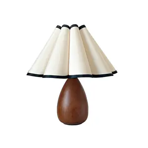 Walnut Color Paint Wood Table Lamp Living Room Luxury Aesthetic 110-250V, Japandi Nightstand Desk Lamp Decorative, Fabric Flower Ruffle Pleated Shade,Minimalist Boho Bedroom Living Room Kitchen Retro Cozy Home Decor, Gift For Housewarming
