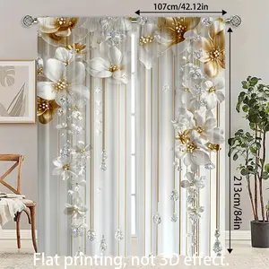 Set of 2, Rotating White Floral Pattern, 2D Flat Printed Window Decorative Printed Curtains, Rod Pocket Design (Rod Not Included), Privacy Curtains, Suitable for Bedroom, Living Room, Kitchen, Study, Dining Room, Decorative Curtains.