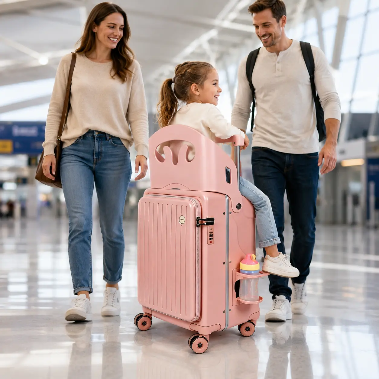 Rideable Kids Suitcase Carry On Luggage, Toddler Rolling Luggage with Cup Holder, Hard Shell Travel Luggage for Boys Girls