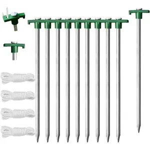 10-Pack Galvanized Tent Stakes, Rust-Proof Steel Secure Protection Anchors for High Winds, Heavy Duty Commercial Ground Pegs for Camping, Pop Up Tents - Includes 4x10ft Ropes