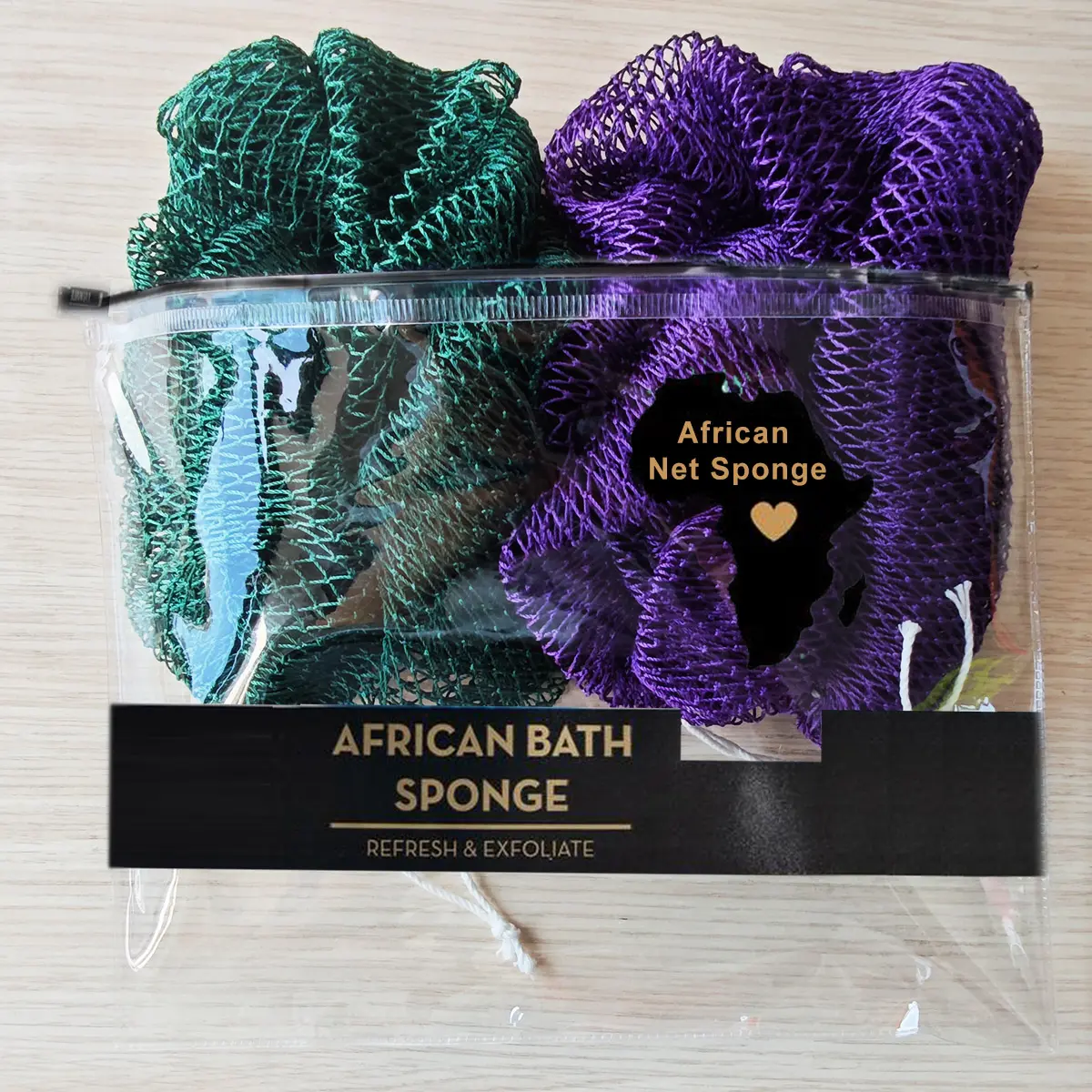Authentic African Exfoliating Net Bath Sponge 2-Piece Sets, Normal Built-In Scrubber Loofahs, Sponges & Poufs for Summer Use