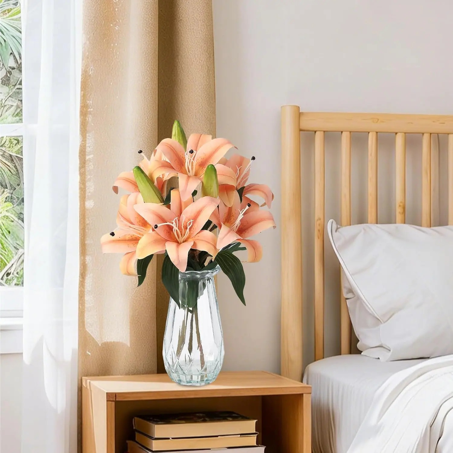 Artificial Tiger Lily Flowers with Vase,Real Touch Easter Lily Faux Flowers for Home Table Centerpieces Wedding Baby Shower Birthday Party Decoration,UV Resistant,3 Stems with 6 Flowers-Lily-champagne