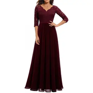 Women's Formal Maxi Gown - V-Neck, Floral Lace, Satin Spandex Nylon Blend, 3/4 & Short Sleeves, Elegant Minimalist Style Lady Formal Wear, Evening Wedding Guest Womens Dresses,summervibes Vneck Womenswear