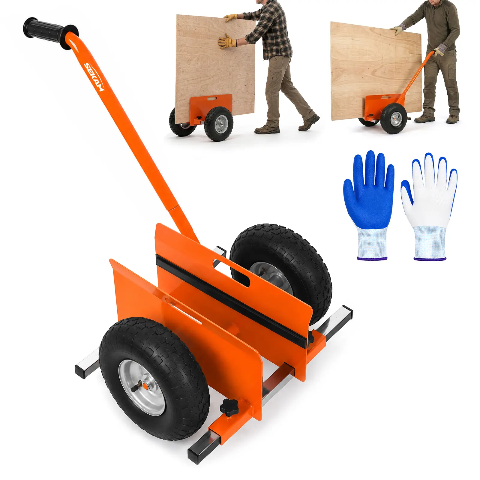SEKAM 500 LBS Heavy Duty Drywall Cart Dolly, 0-9" Adjustable Clamp Plywood Panel Carrier with 10" Pneumatic Rubber Wheels & Pull Handle for Drywall, Sheetrock, Doors, Glass, Mattress