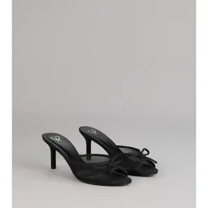Polished Sweet Bow Detail Mesh Mule Heels