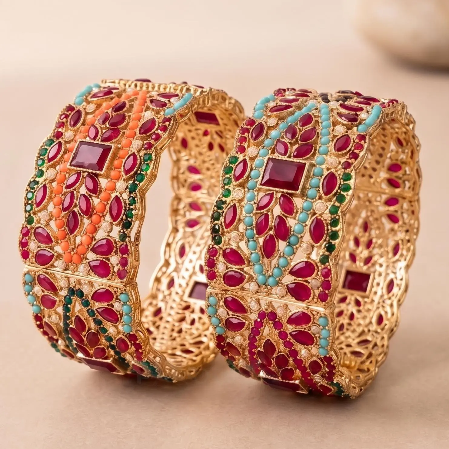 Openable Single Nauratan Bangles | Gold Plated Kundan Kada with Multicolor Stones | Pakistani Wedding Jewelry