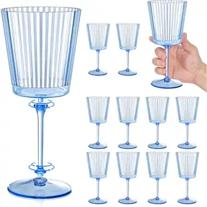 12 Pack 13.5 OZ Blue Ribbed Plastic Detachable Wine Glasses Elegant Fluted Vintage Glassware for Wedding Anniversary Birthday Dinner Parties