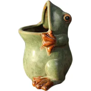 Ceramic Frog Shaped Plant Pot Bonsai Flower Pot Succulent Planter Multipurpose Pot Garden Outdoor Decor Patio Balcony Yard Lawn Ornament Gifts for Women 4.3"